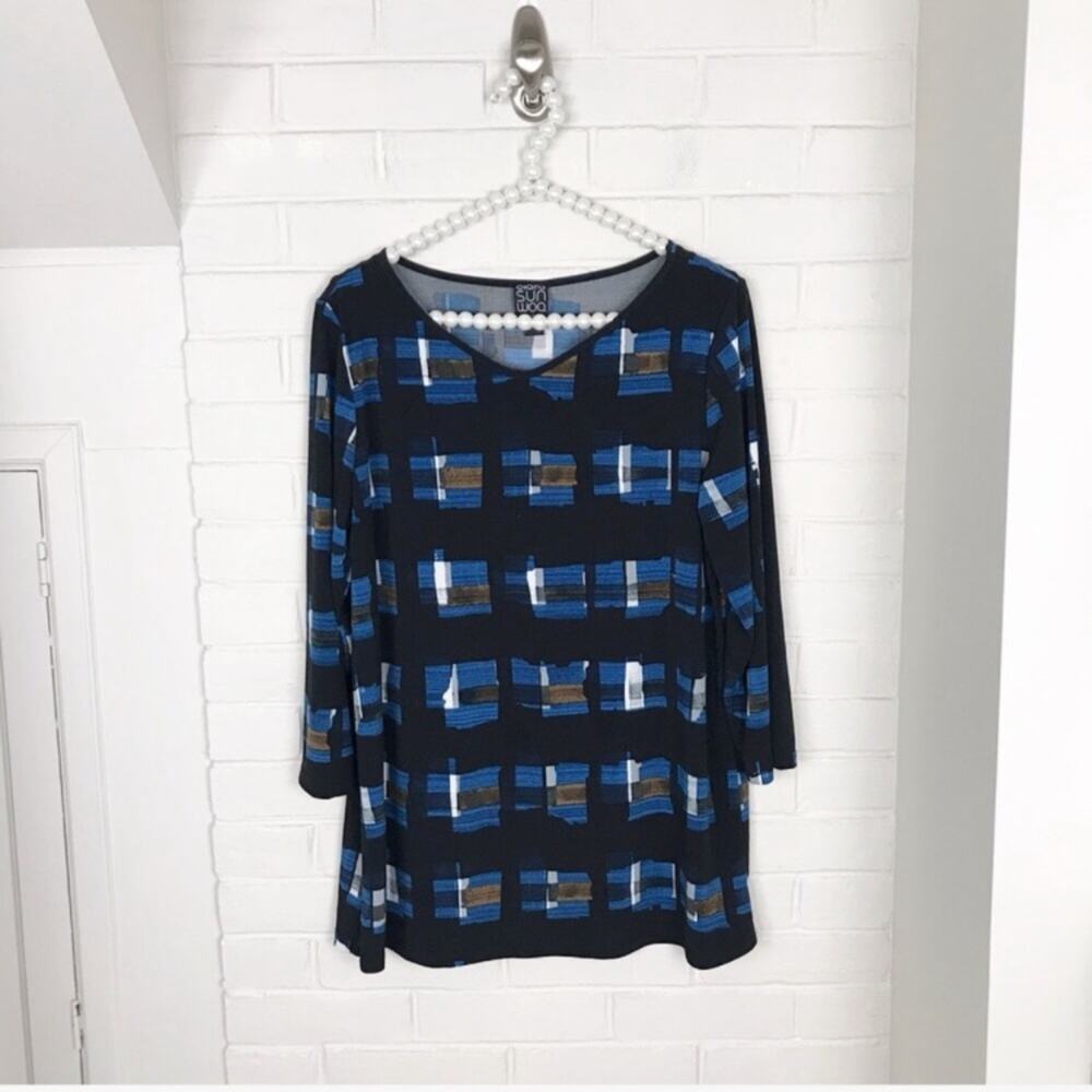 Clara Sun Woo Abstract Print Grid Stretch Knit Top Size S